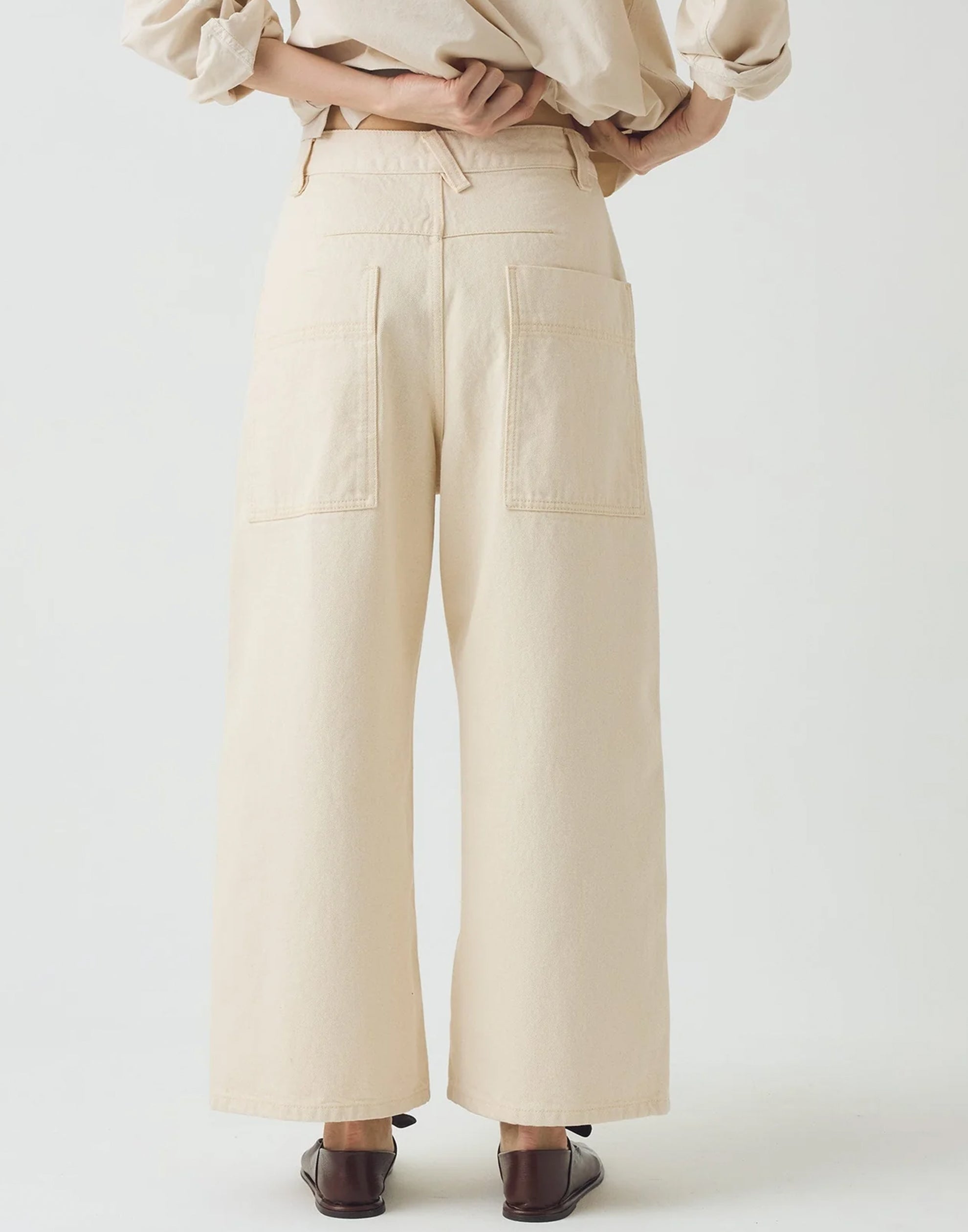 Ecru Cotton Denim Wide Leg Trousers