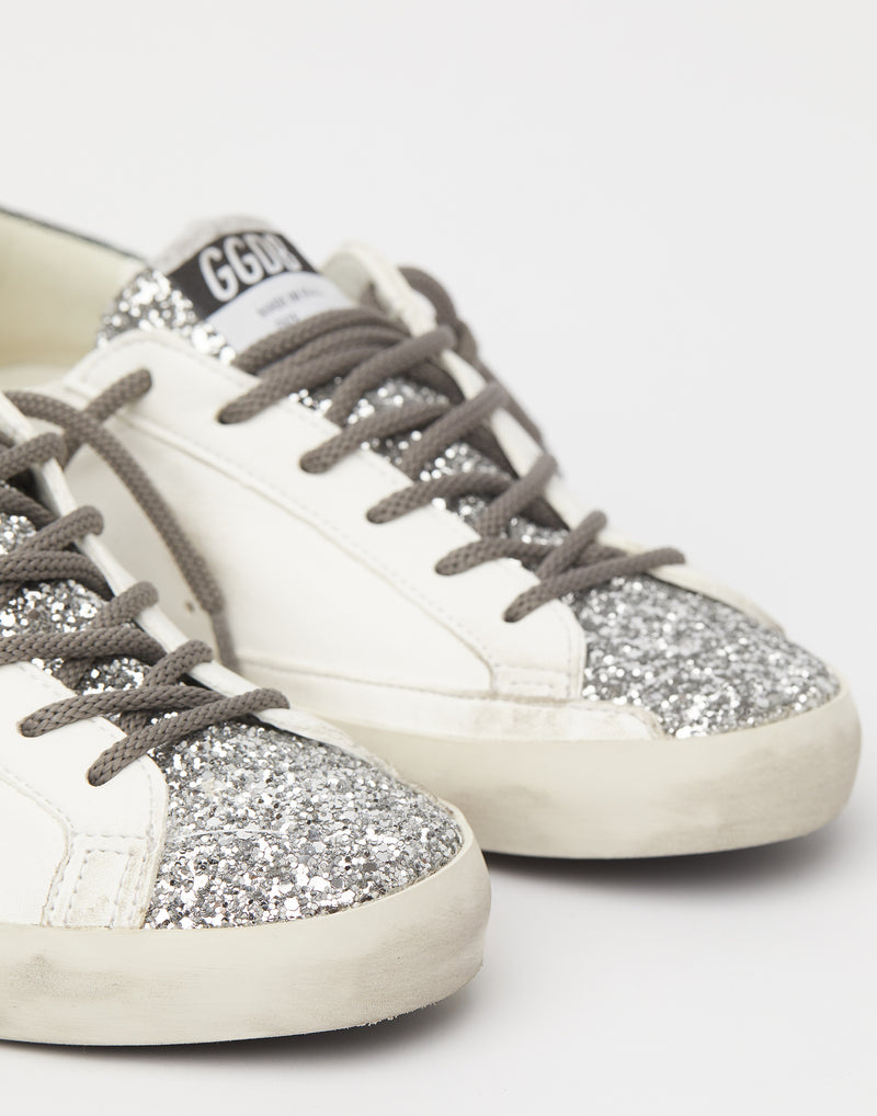 White & Silver Glitter Superstar Sneakers