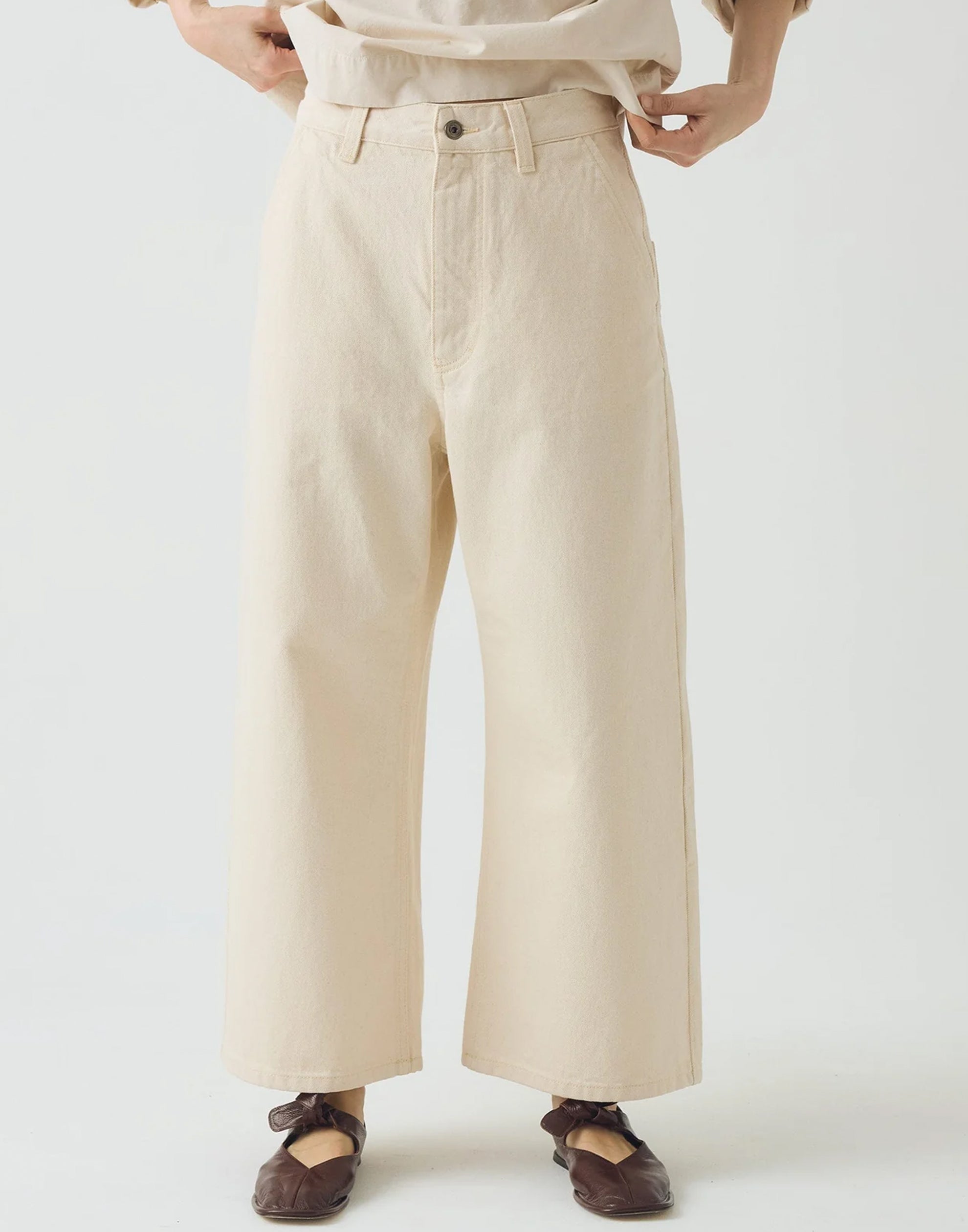 Ecru Cotton Denim Wide Leg Trousers
