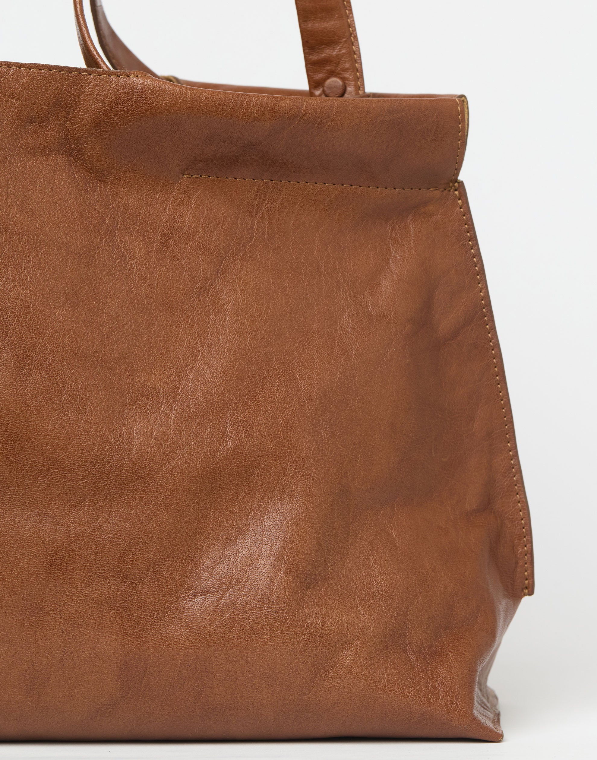 Cognac Leather Midi Shopper Bag