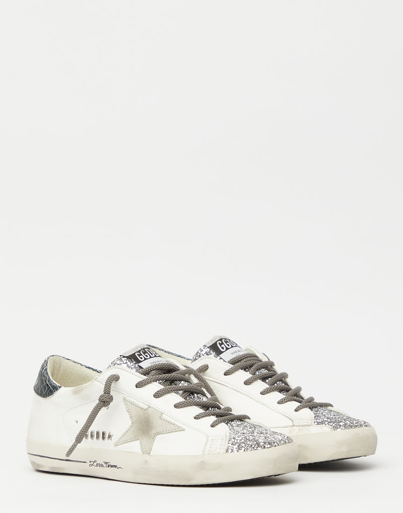 White & Silver Glitter Superstar Sneakers