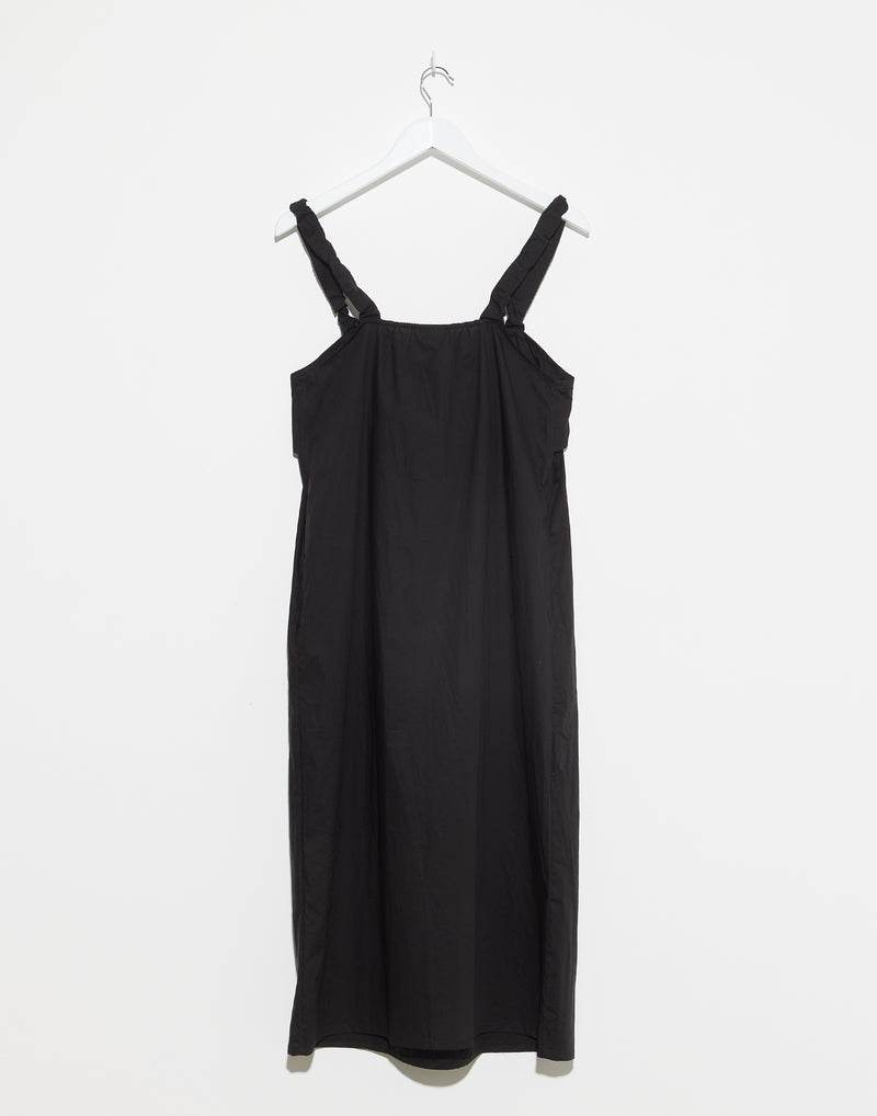 Black Cotton Poplin Ruched Tie Dress