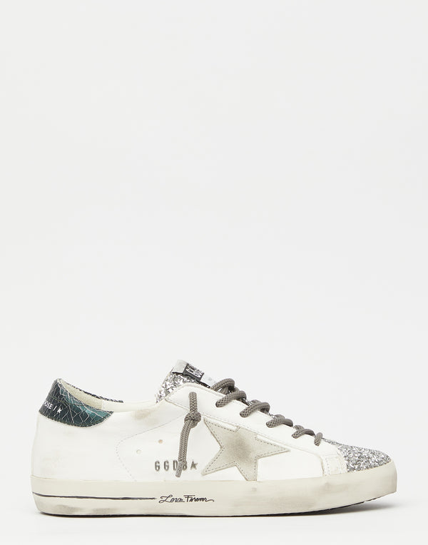 White & Silver Glitter Superstar Sneakers