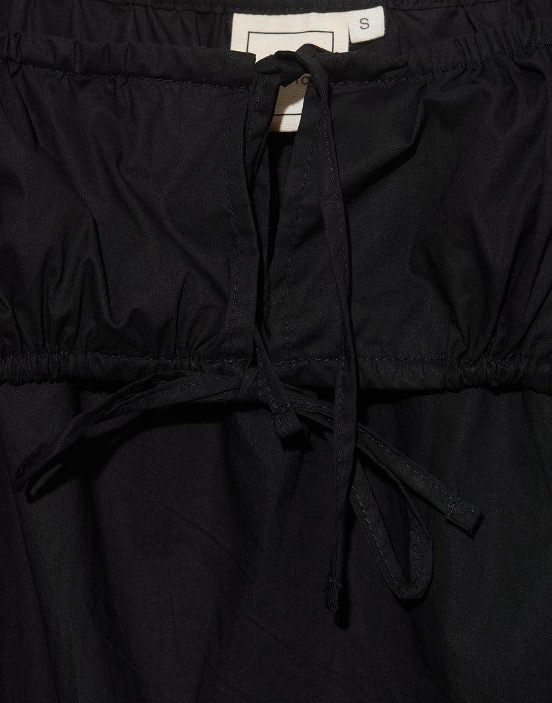 Black Cotton Poplin Ruched Tie Dress