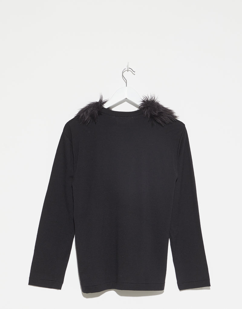Black Faux Fur Collar Wool T-Shirt