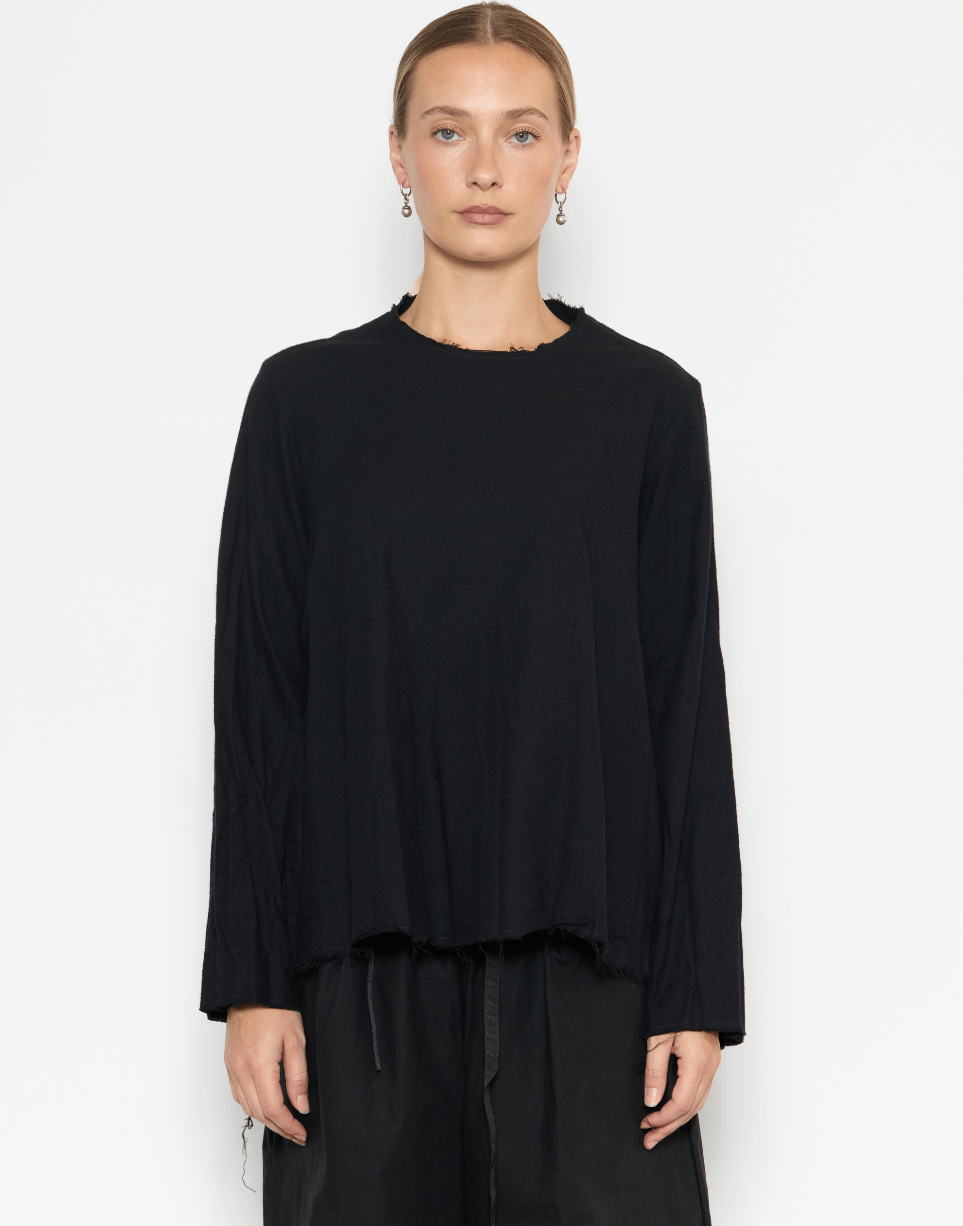 Black Cotton Flannel Long Sleeve Top