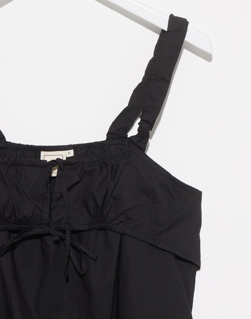 Black Cotton Poplin Ruched Tie Dress