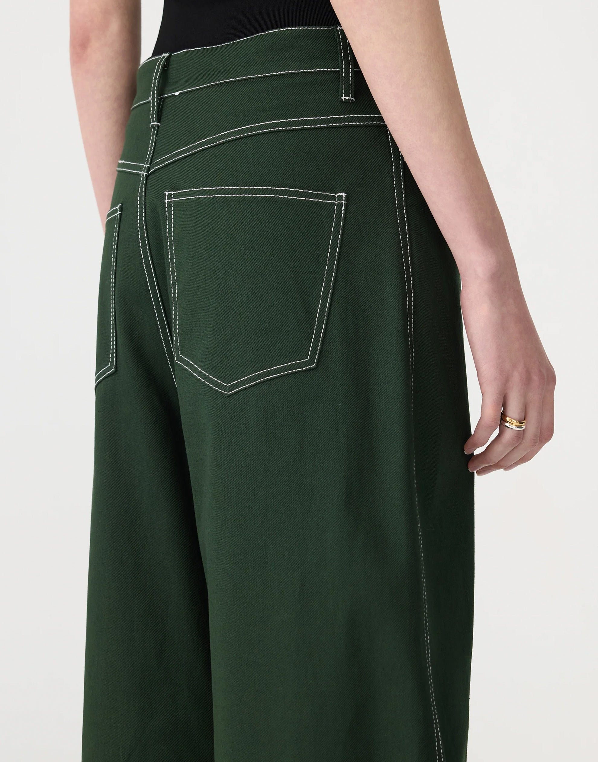 Pine Green Cotton Twill Barrel Leg Pants