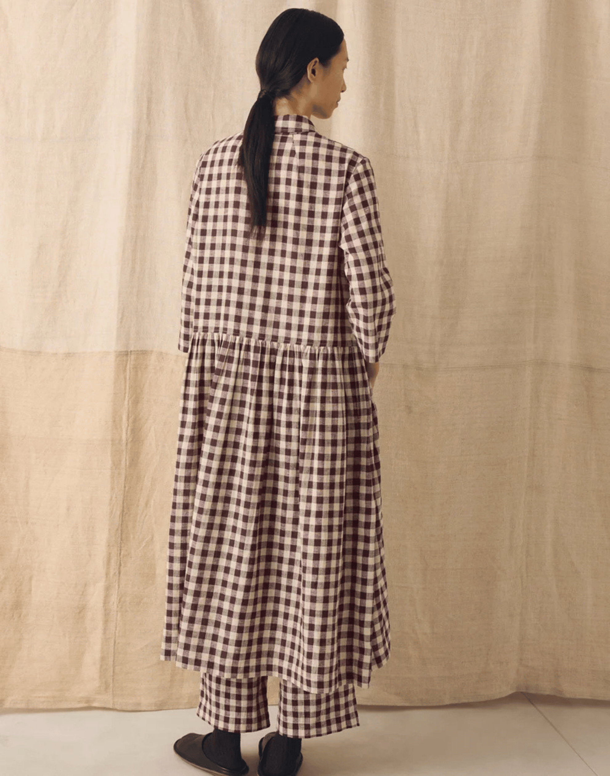 Chocolate & Ecru Check Linen Blend Shirt Dress