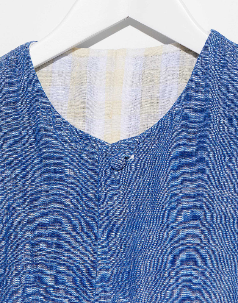 Denim Blue & Yellow Check Linen Reversible Coat