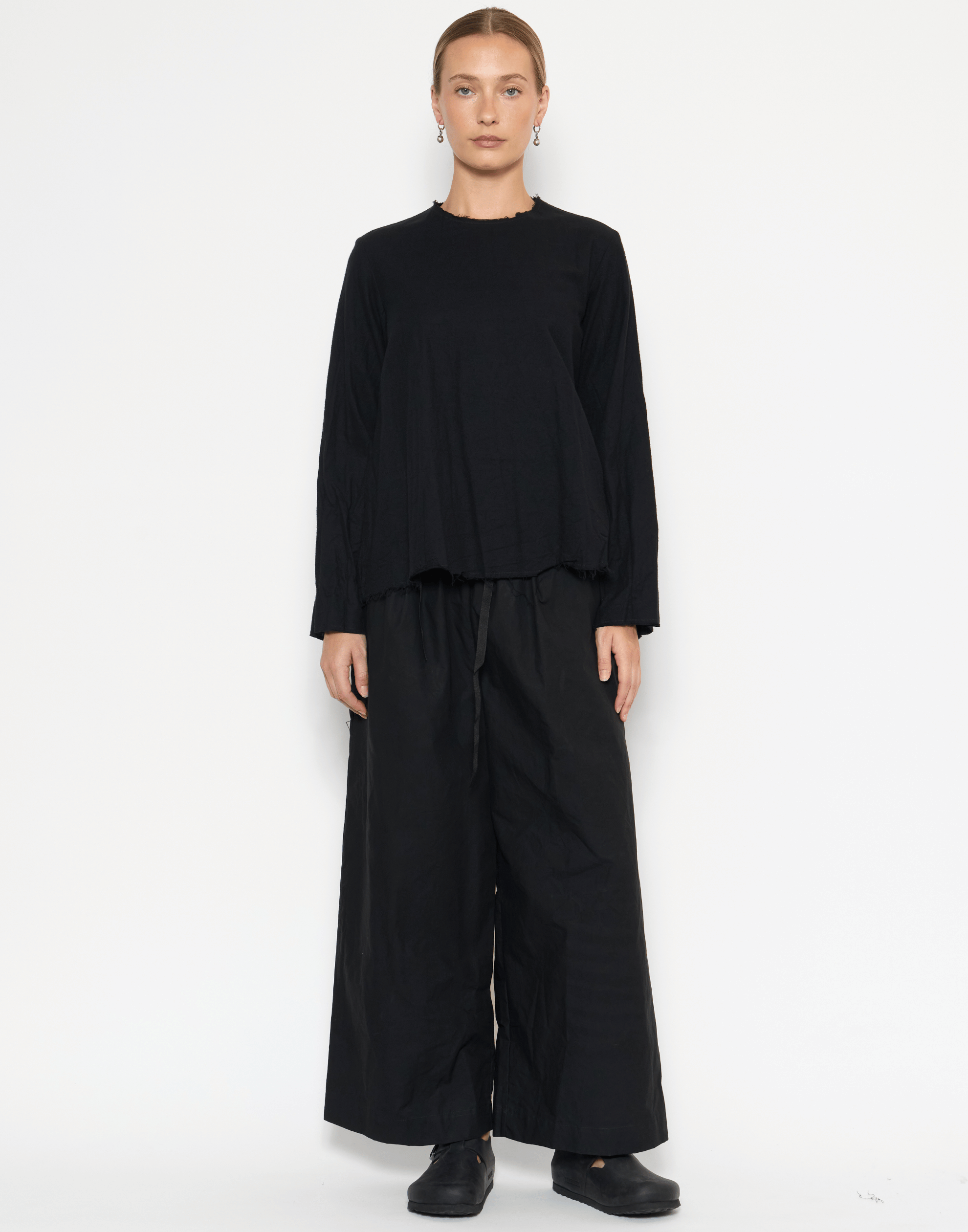 Black Cotton Flannel Long Sleeve Top