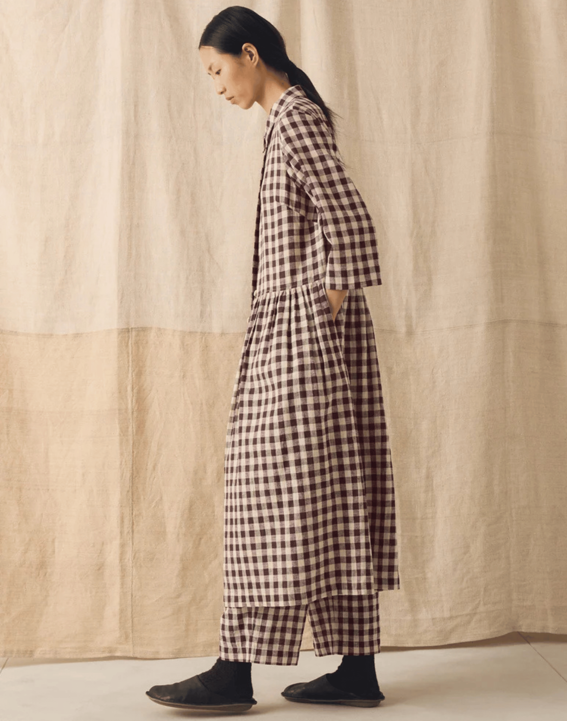 Chocolate & Ecru Check Linen Blend Shirt Dress