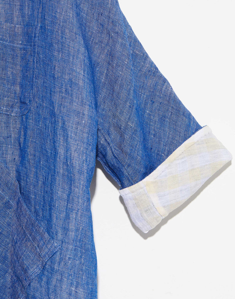 Denim Blue & Yellow Check Linen Reversible Coat