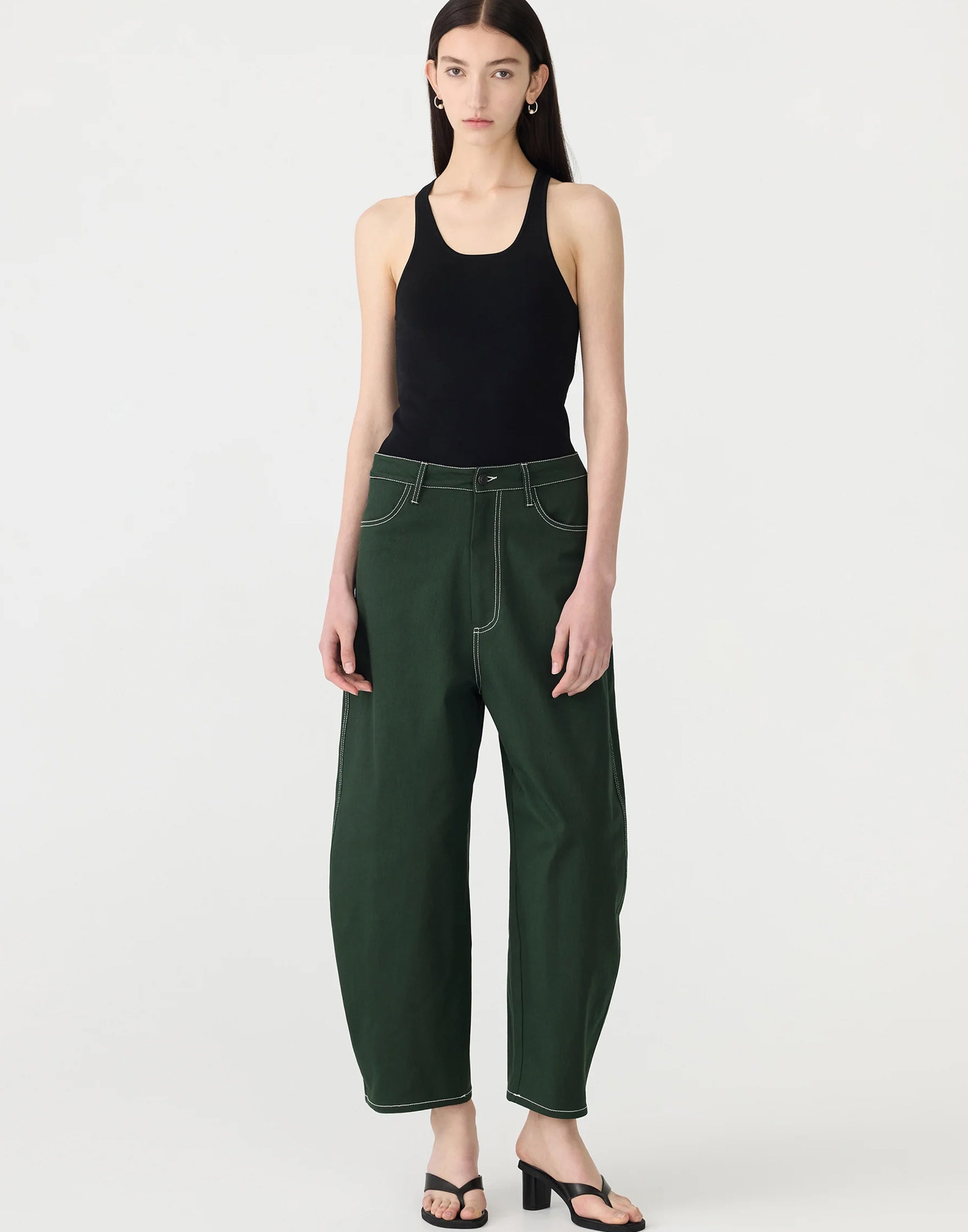Pine Green Cotton Twill Barrel Leg Pants