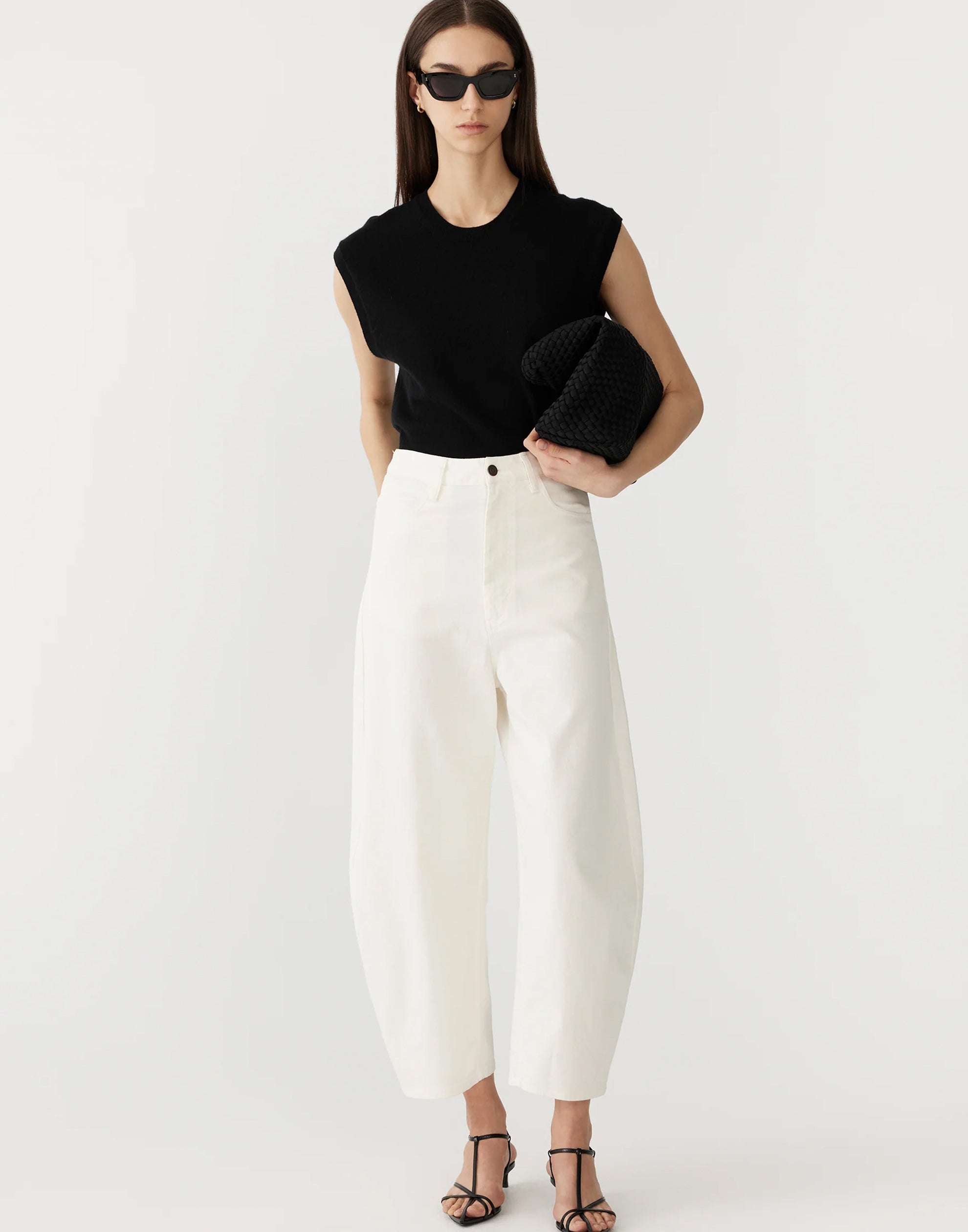 White Cotton Twill Barrel Leg Pants