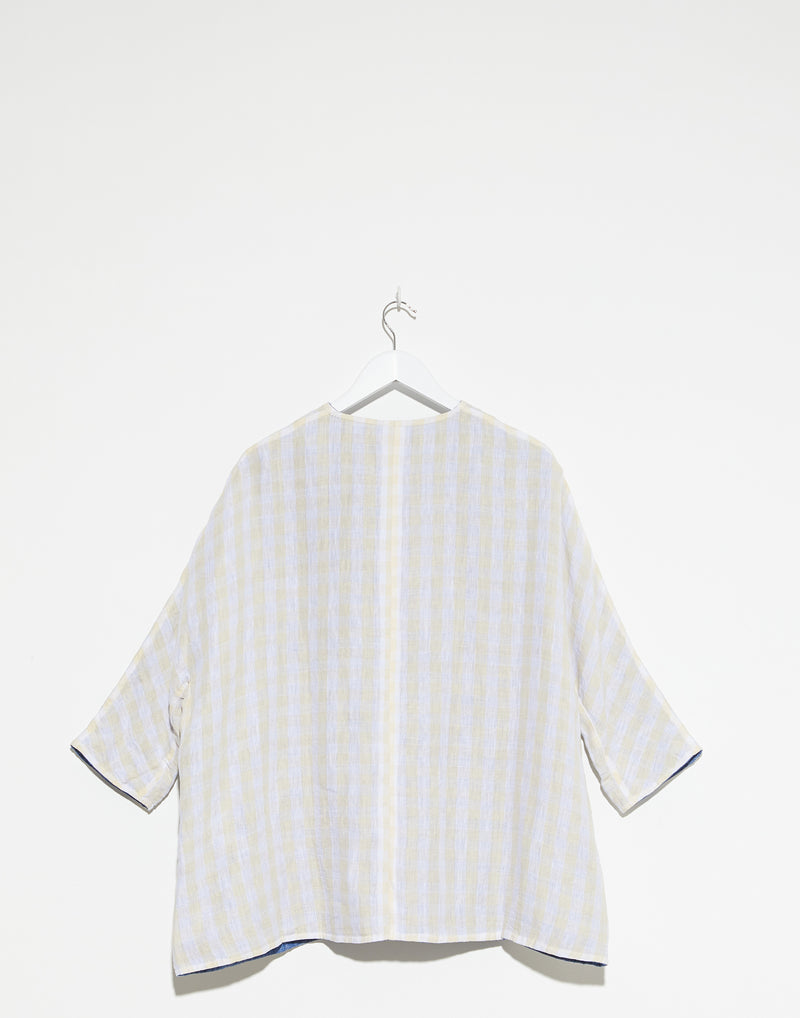 Denim Blue & Yellow Check Linen Reversible Coat