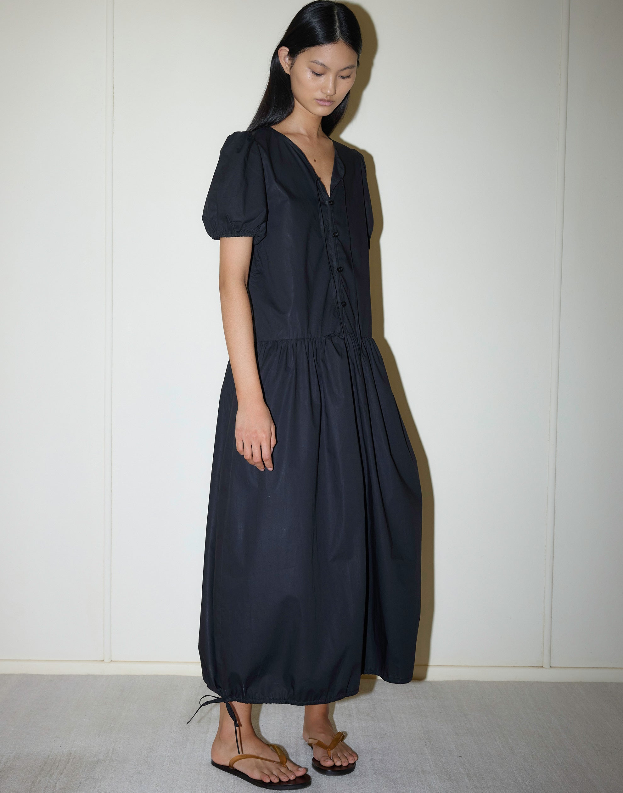 Black Cotton Draw Hem Dress