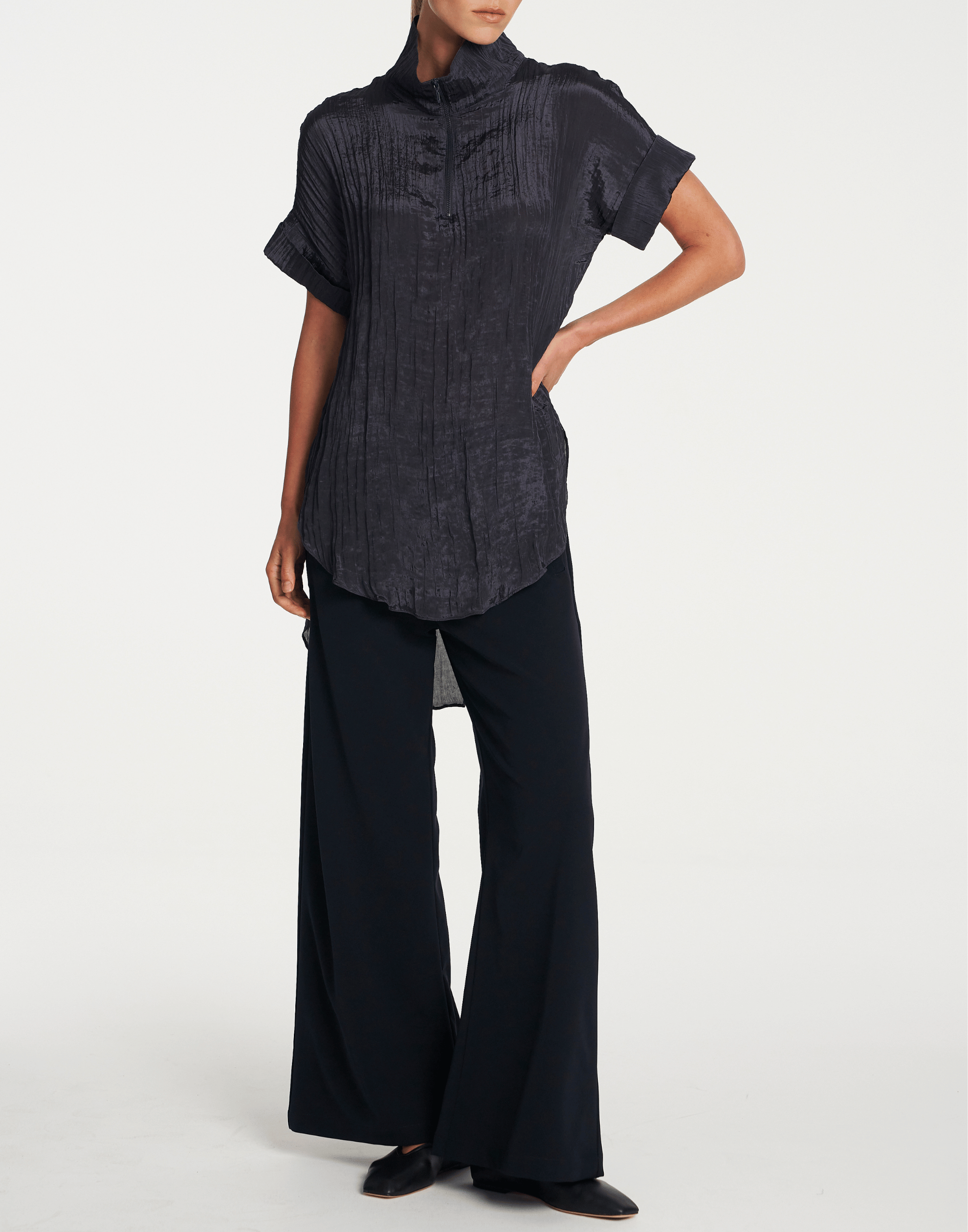 Sapphire Crinkle Satin Funnel Tunic