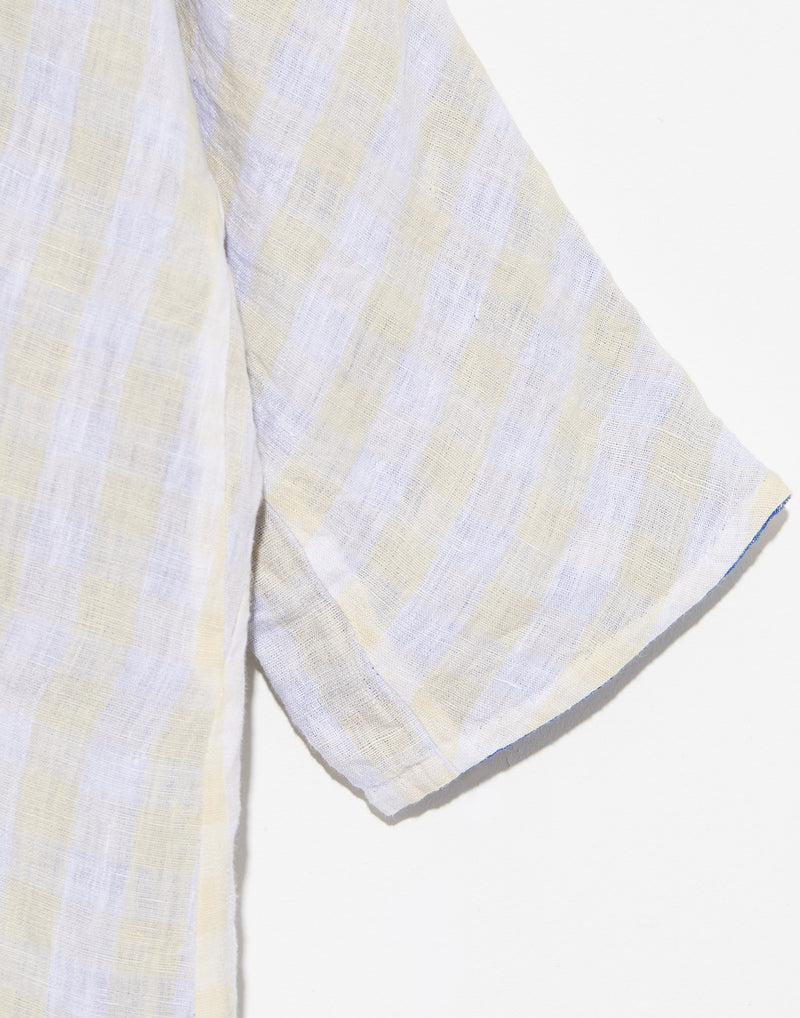 Denim Blue & Yellow Check Linen Reversible Coat