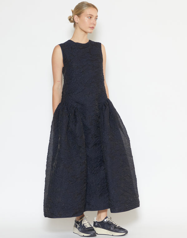 Navy Cotton Blend Matelassé Gine Dress