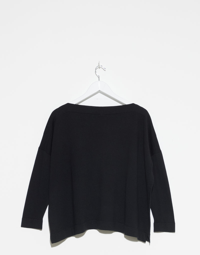 Black Wool Classic Boatneck Pullover