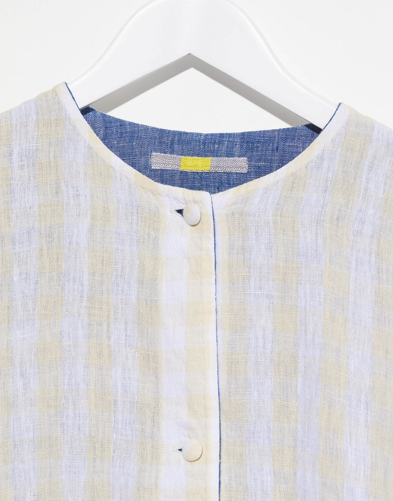 Denim Blue & Yellow Check Linen Reversible Coat