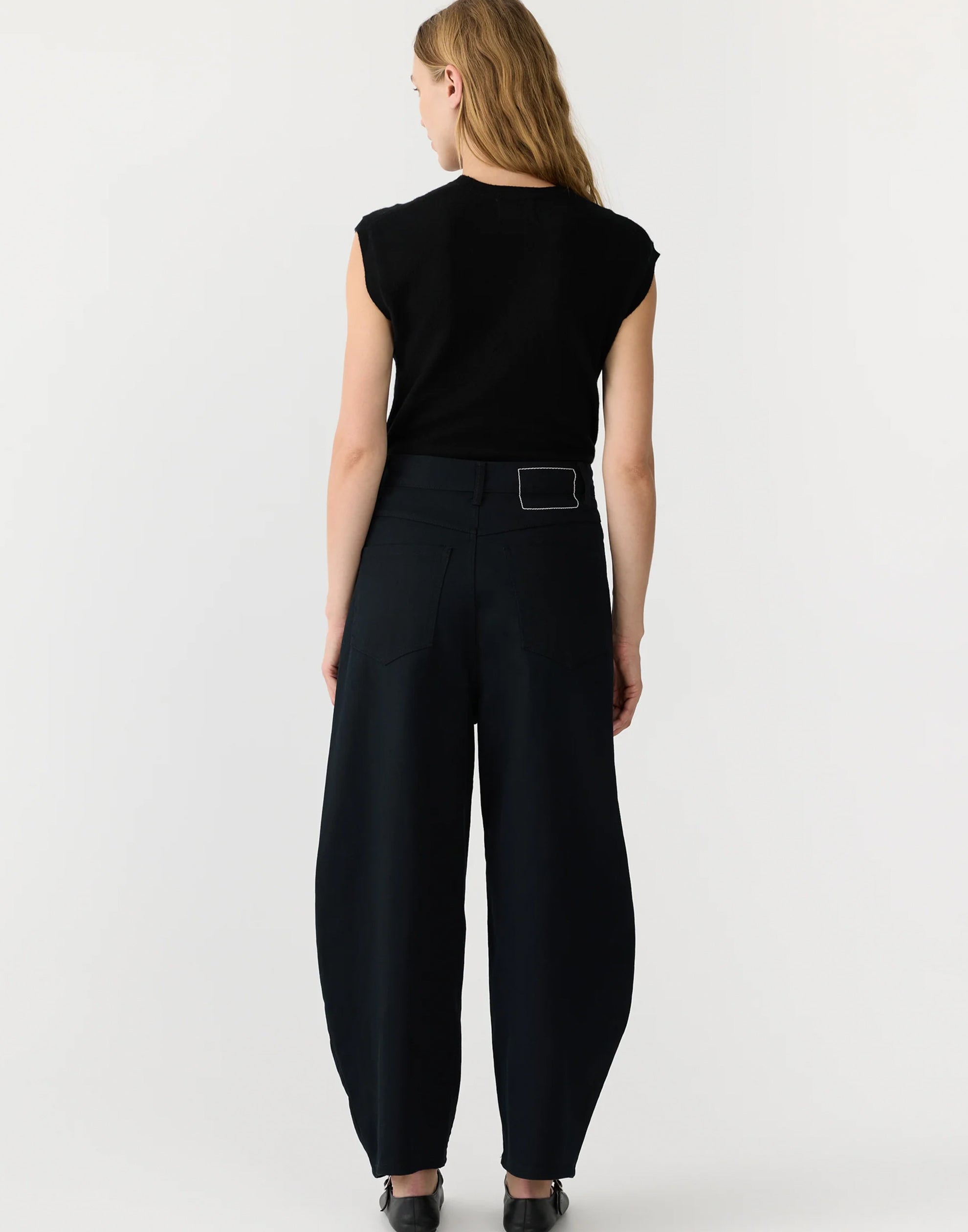 Black Cotton Twill Barrel Leg Pants