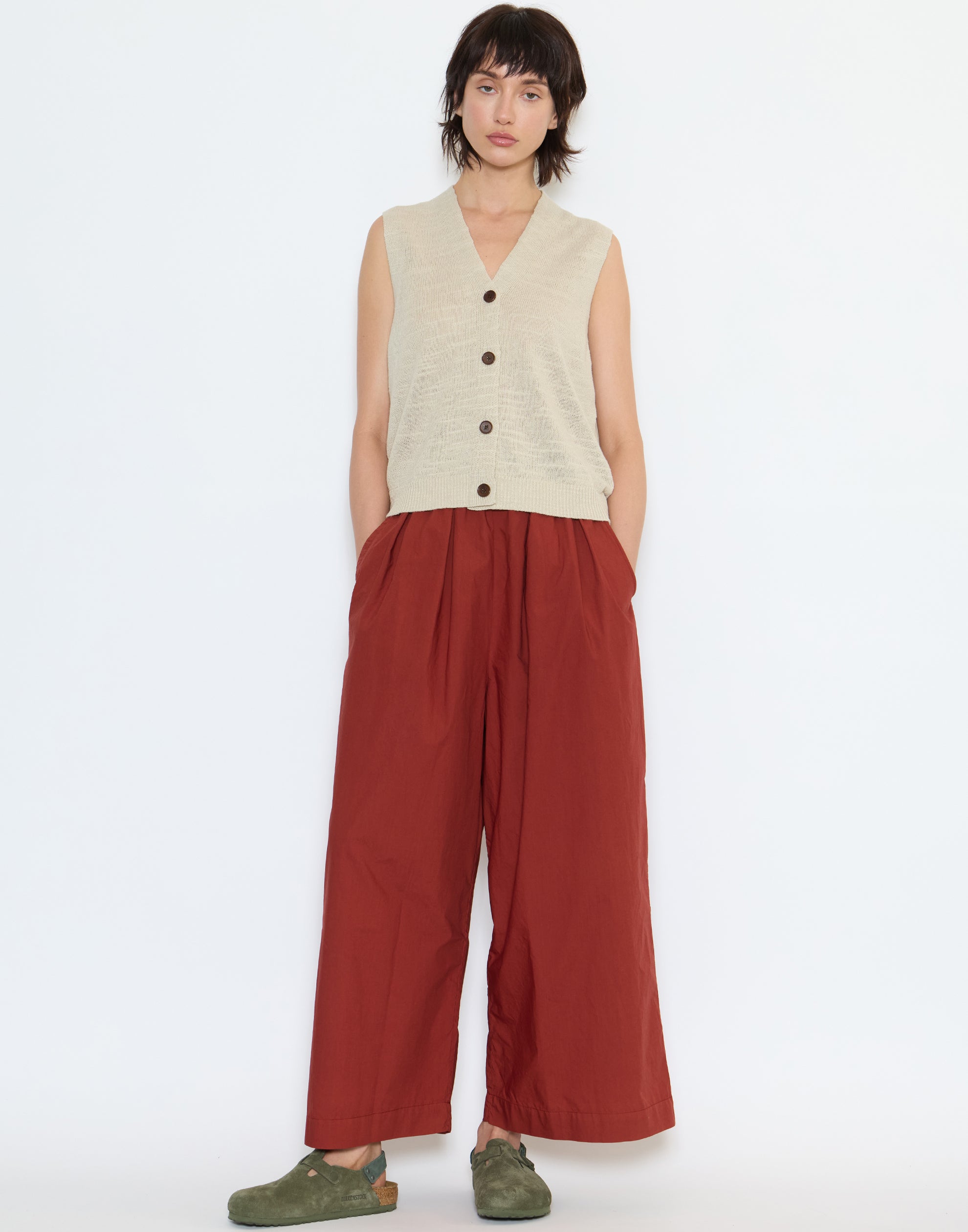 Brick Cotton Poplin Pleated Trousers