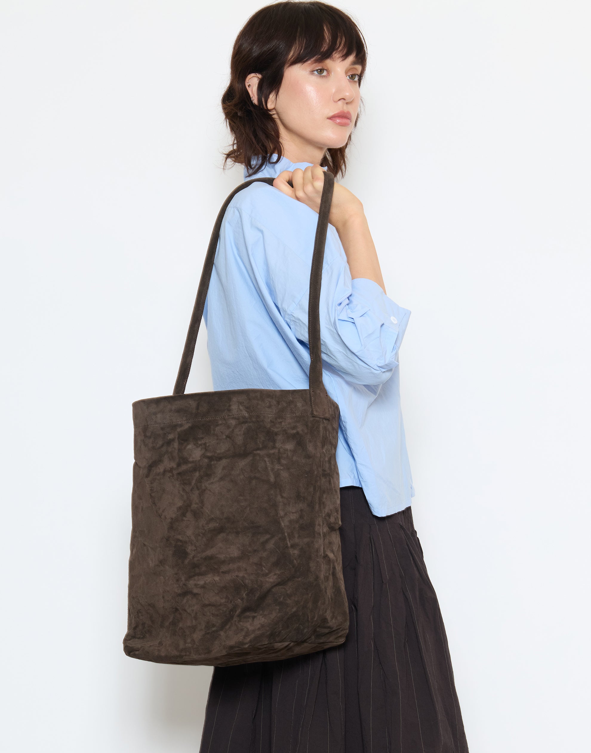 Dark Brown Suede Leather Big Tube Bag