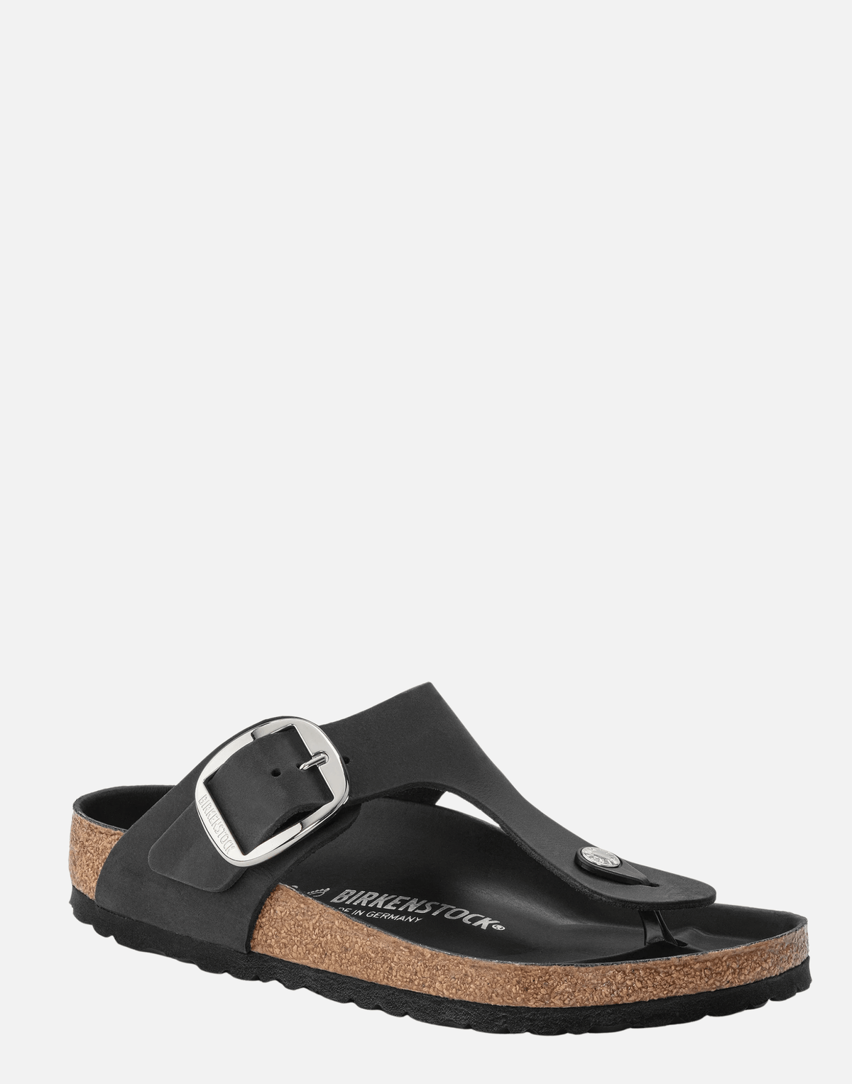 Regular Black Oiled Leather Big Buckle Gizeh Sandals