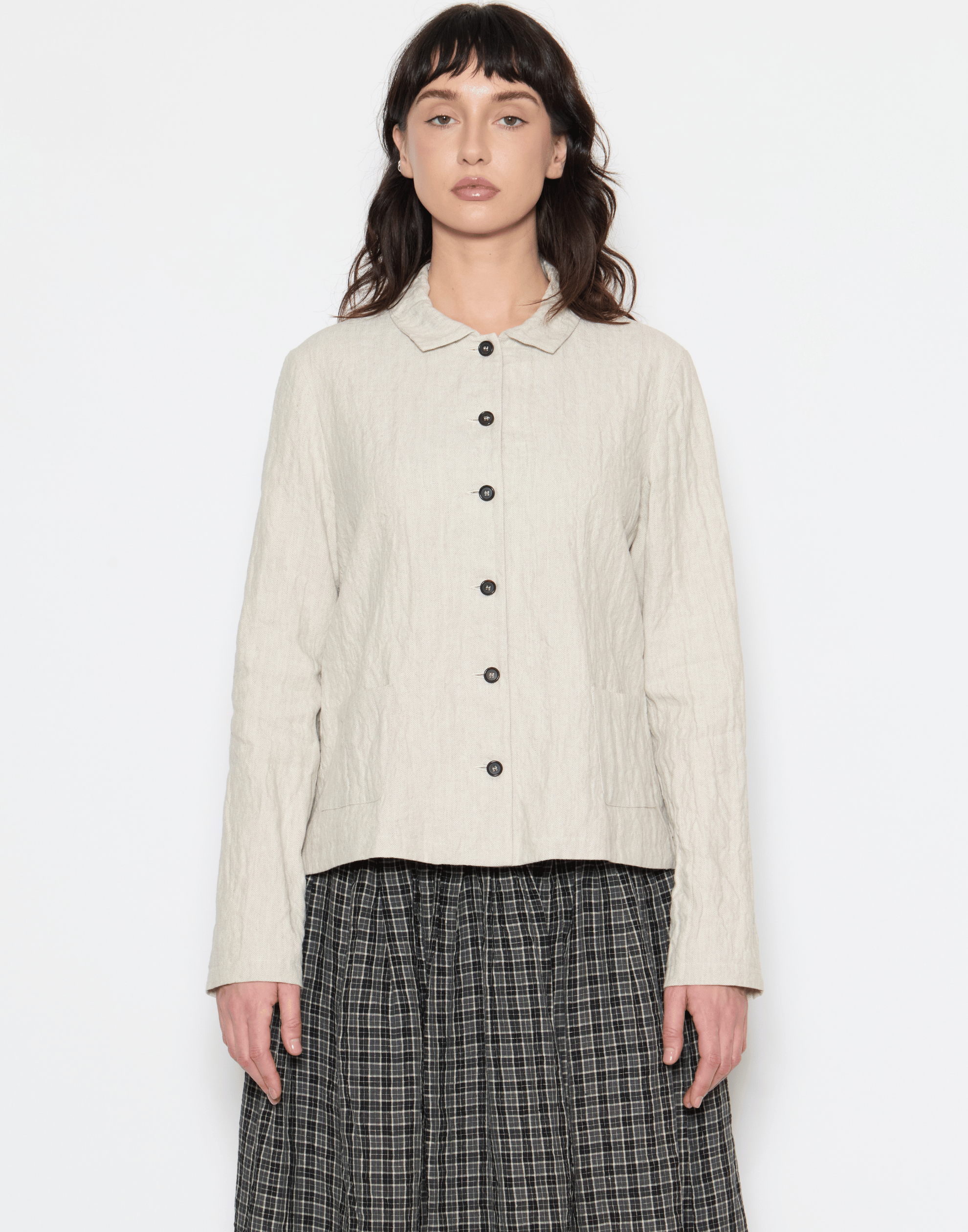 Ecru Herringbone Linen & Cotton Blend Jacket