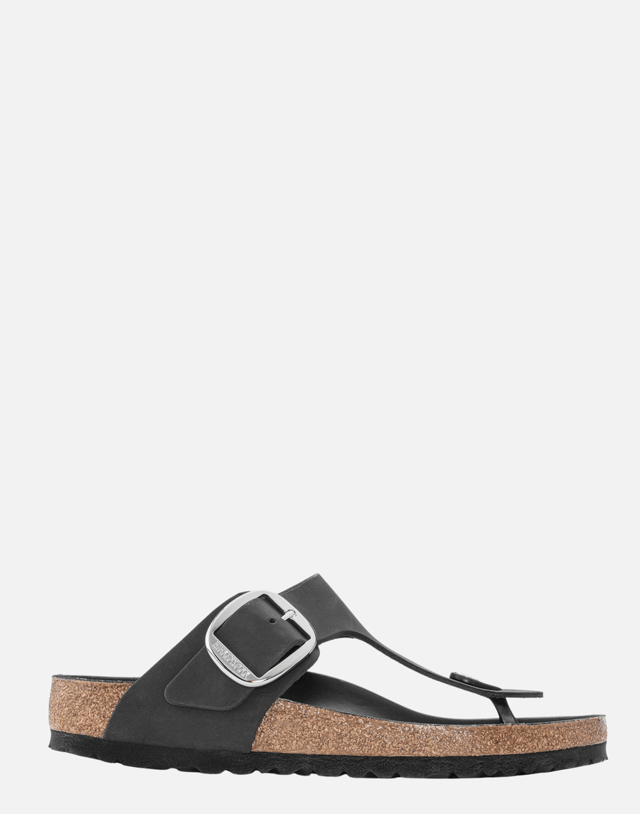 Regular Black Oiled Leather Big Buckle Gizeh Sandals