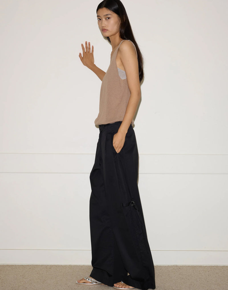 Black Cotton Wide Leg Tab Pants
