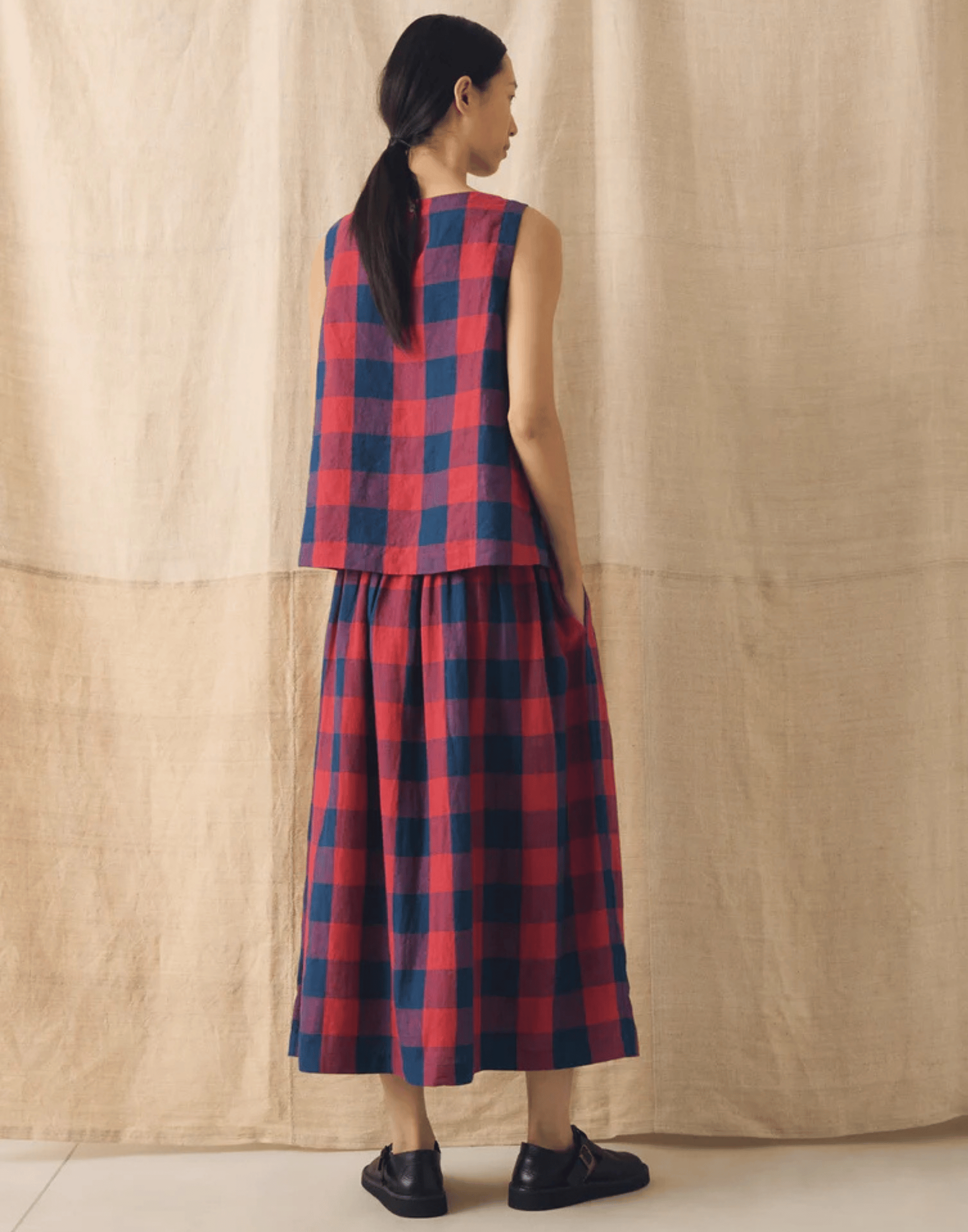 Raspberry & Blue Check Linen Top