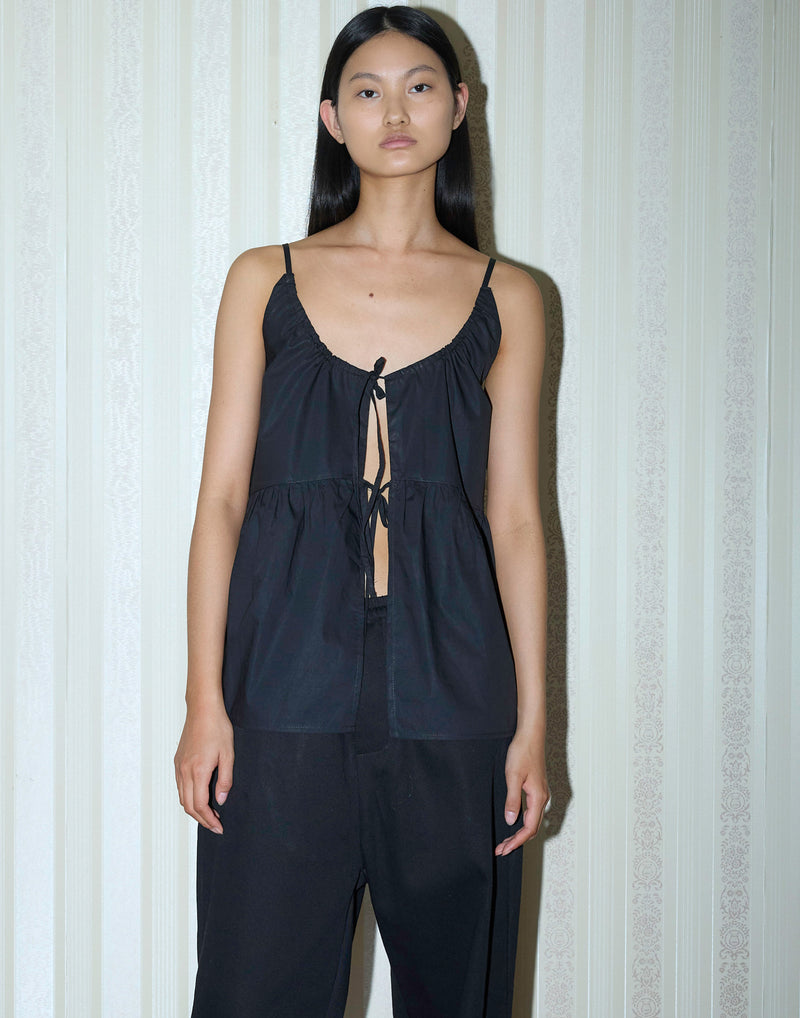 Black Cotton Double Tie Top