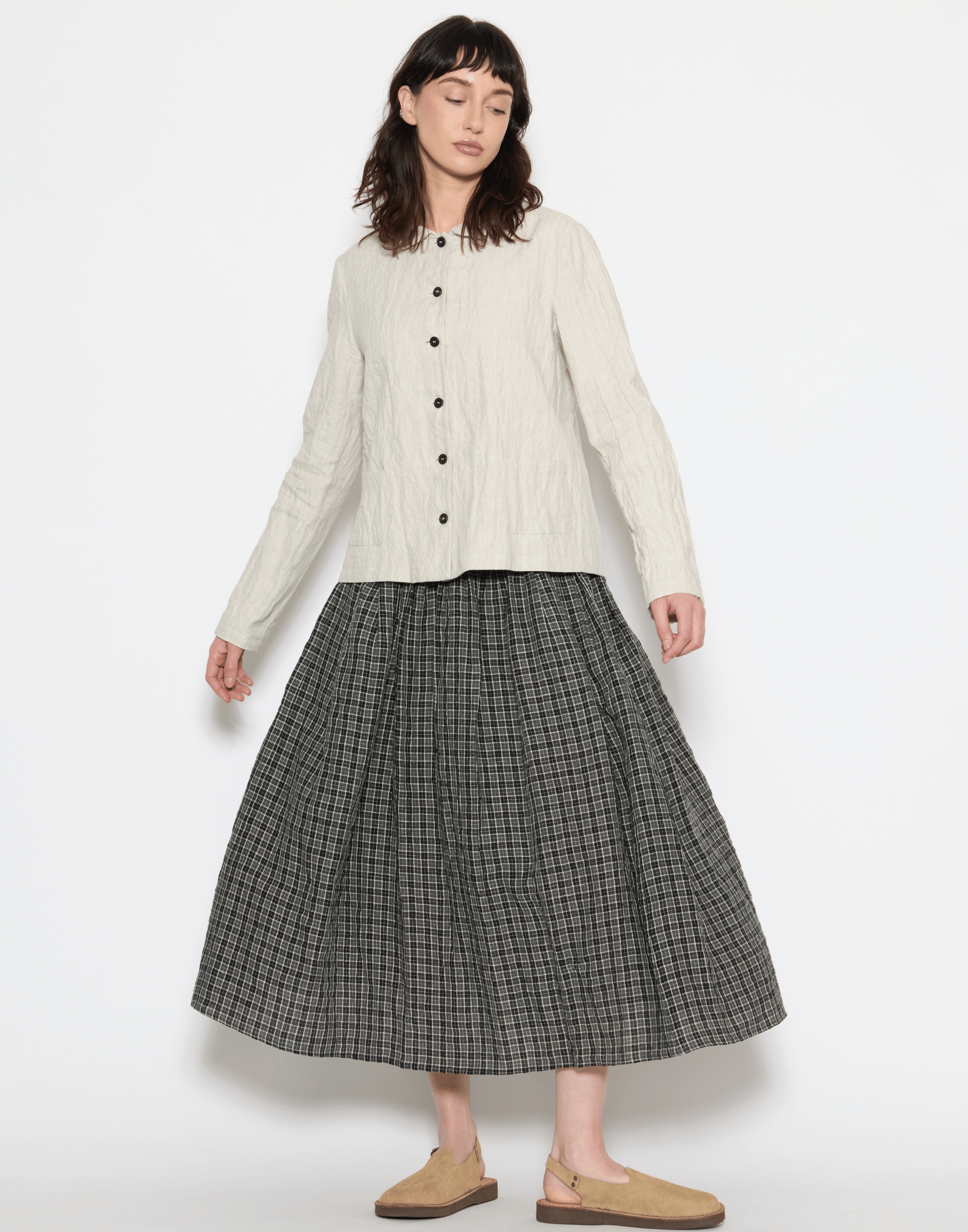 Cement & Black Linen Check Skirt