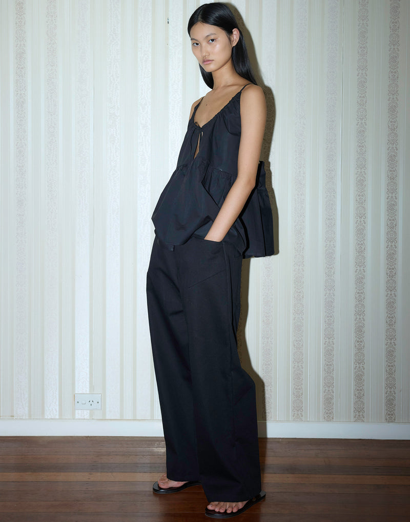 Black Cotton Double Tie Top