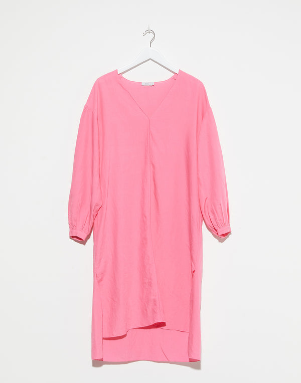 Pink Linen Blend Puff Sleeve V Dress  