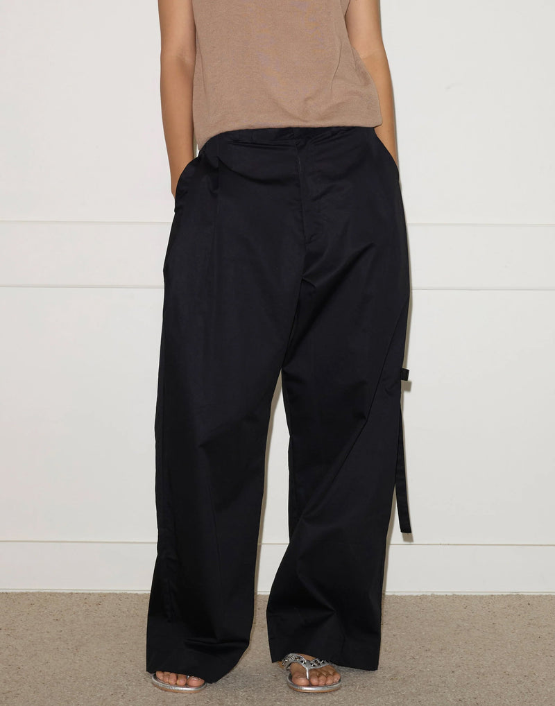 Black Cotton Wide Leg Tab Pants