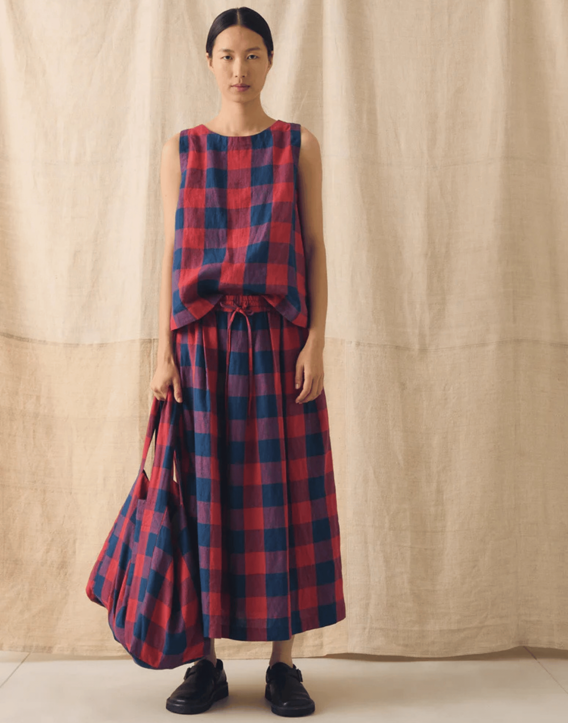 Raspberry & Blue Check Linen Skirt
