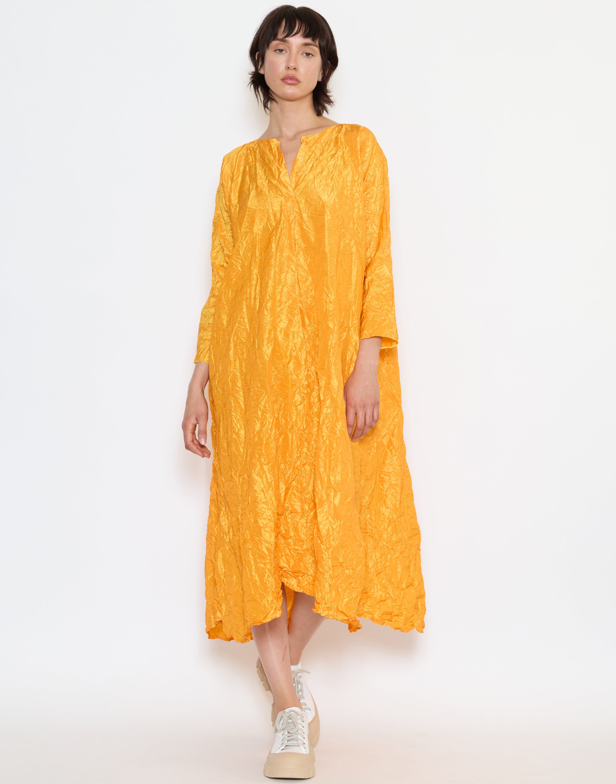 Yellow Silk Spicchi Collo Lavato Dress