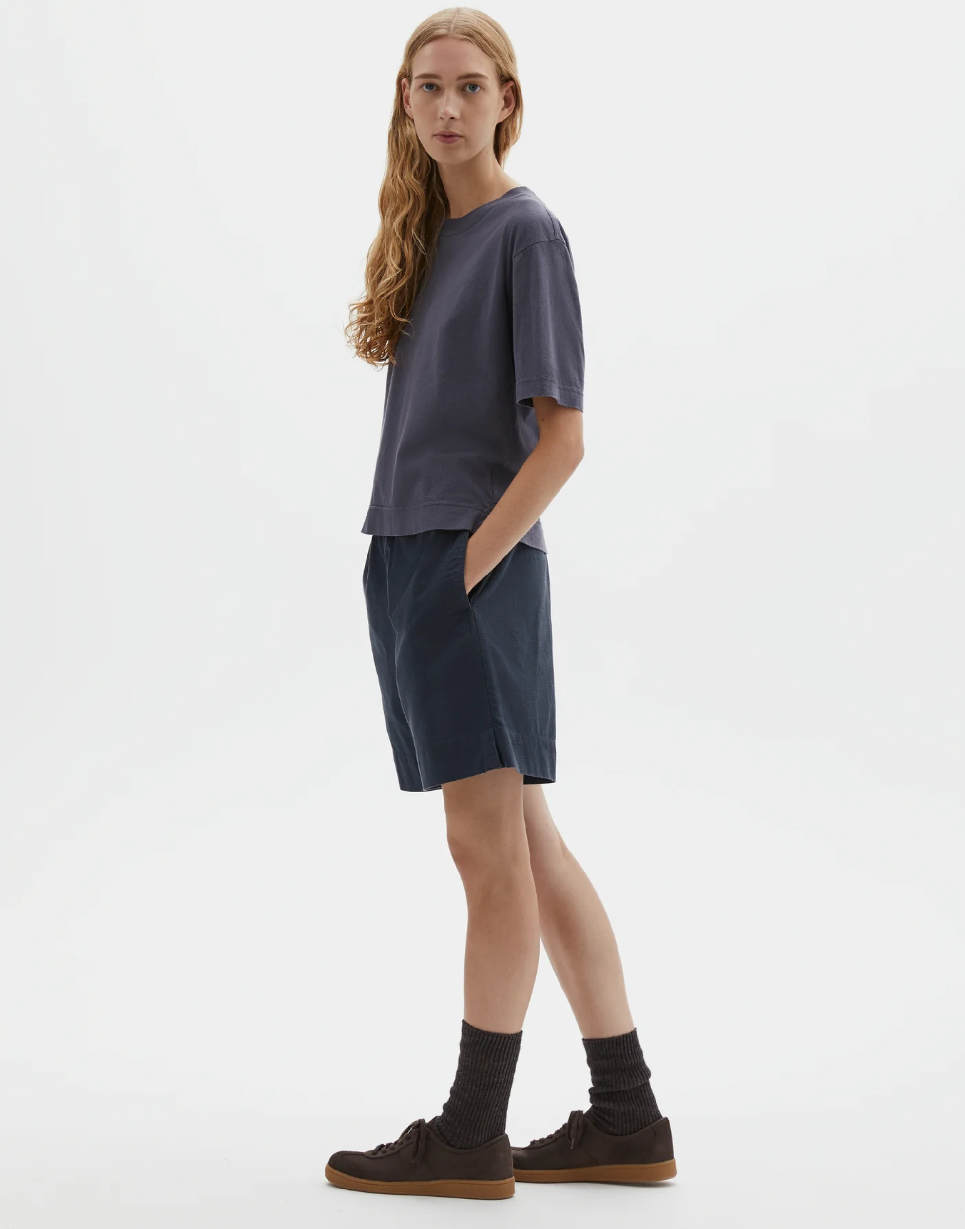 Slate Blue Cotton & Linen Simple T-Shirt