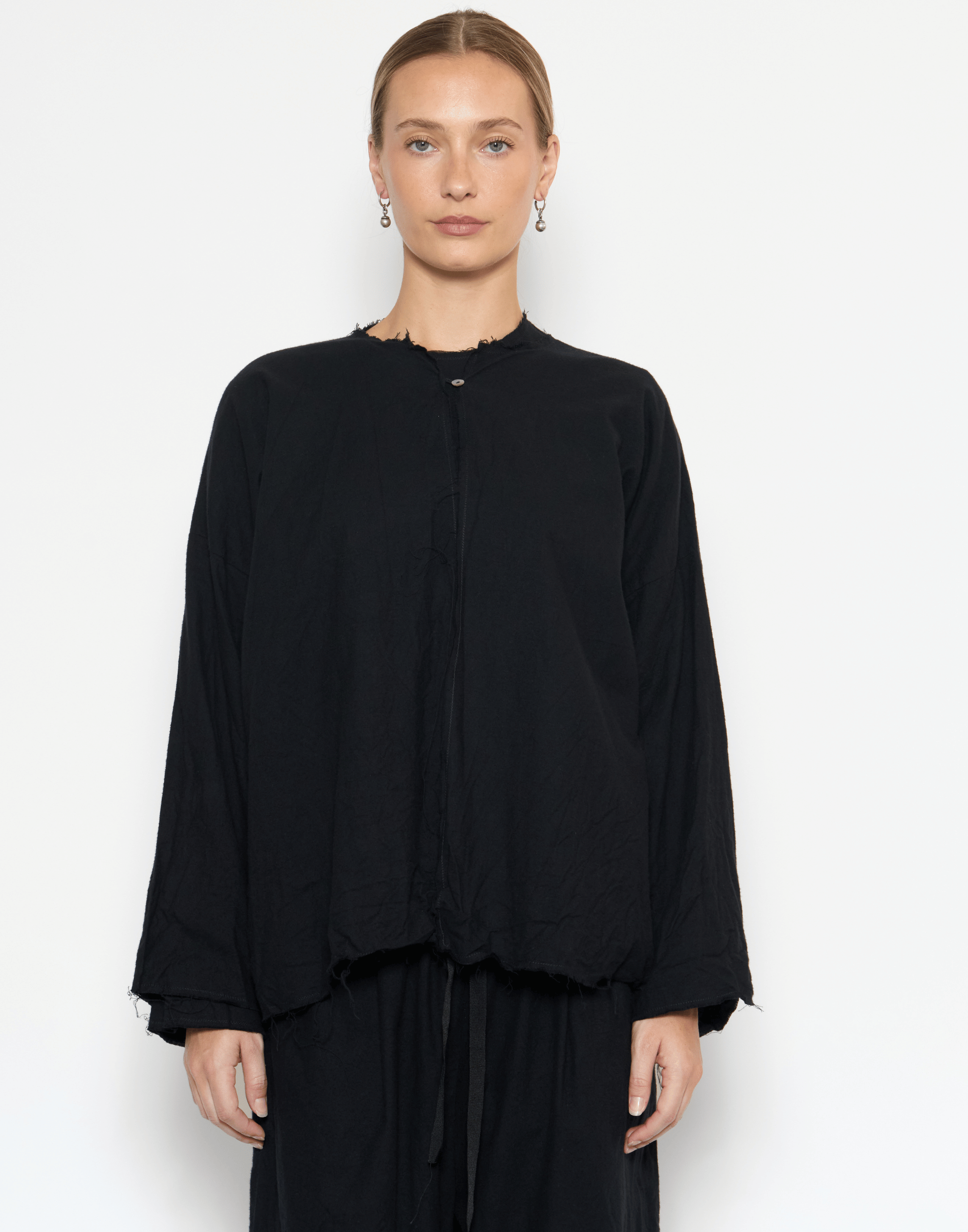 Black Cotton Flannel Open Front Top