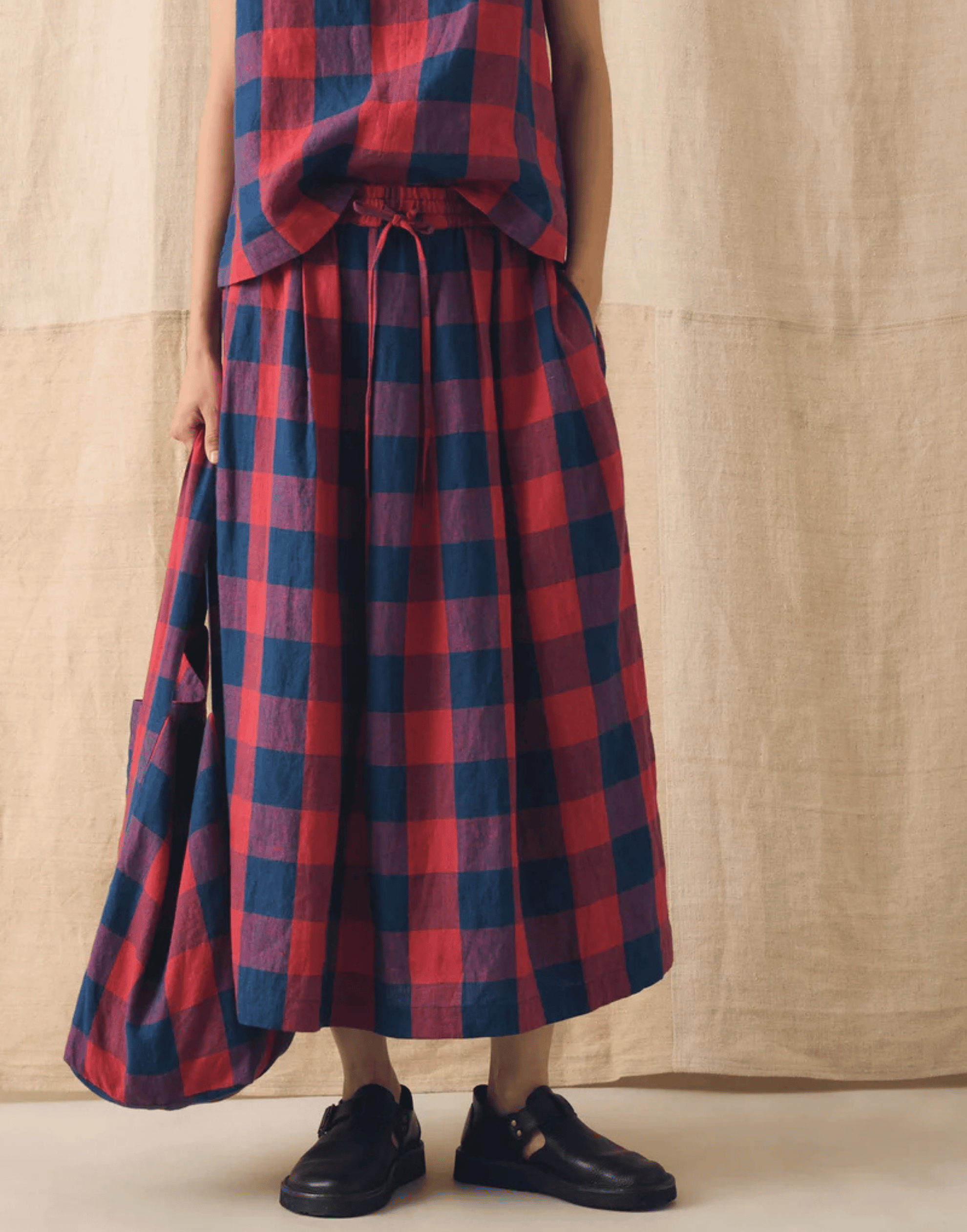 Raspberry & Blue Check Linen Skirt