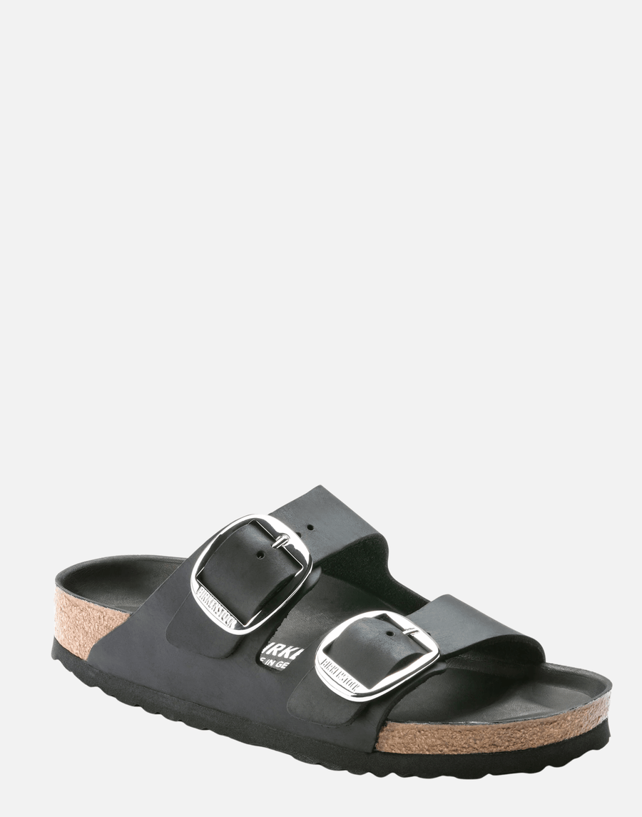 Regular Black Oiled Leather Big Buckle Arizona Sandals