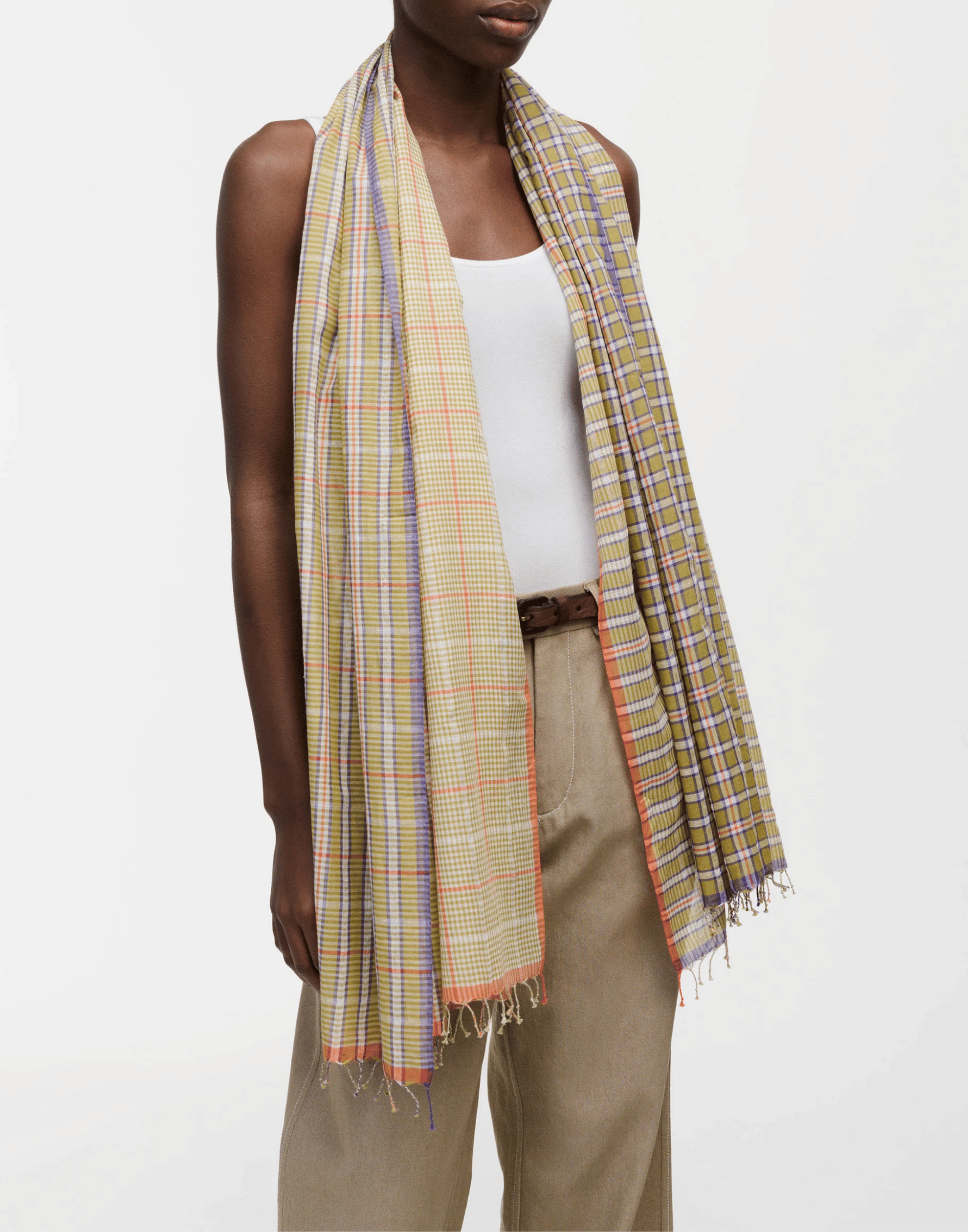 Olive Check Cotton & Linen Scarf