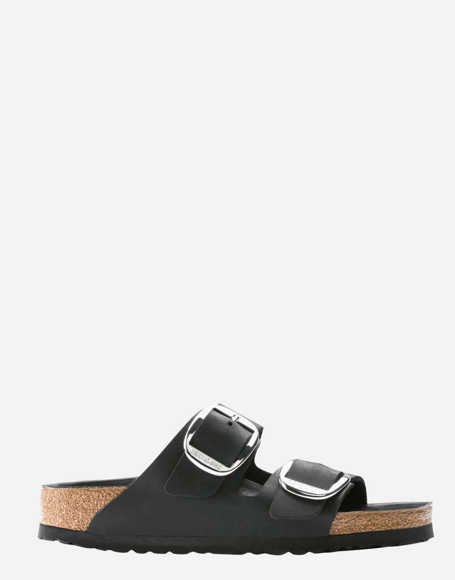 Regular Black Oiled Leather Big Buckle Arizona Sandals