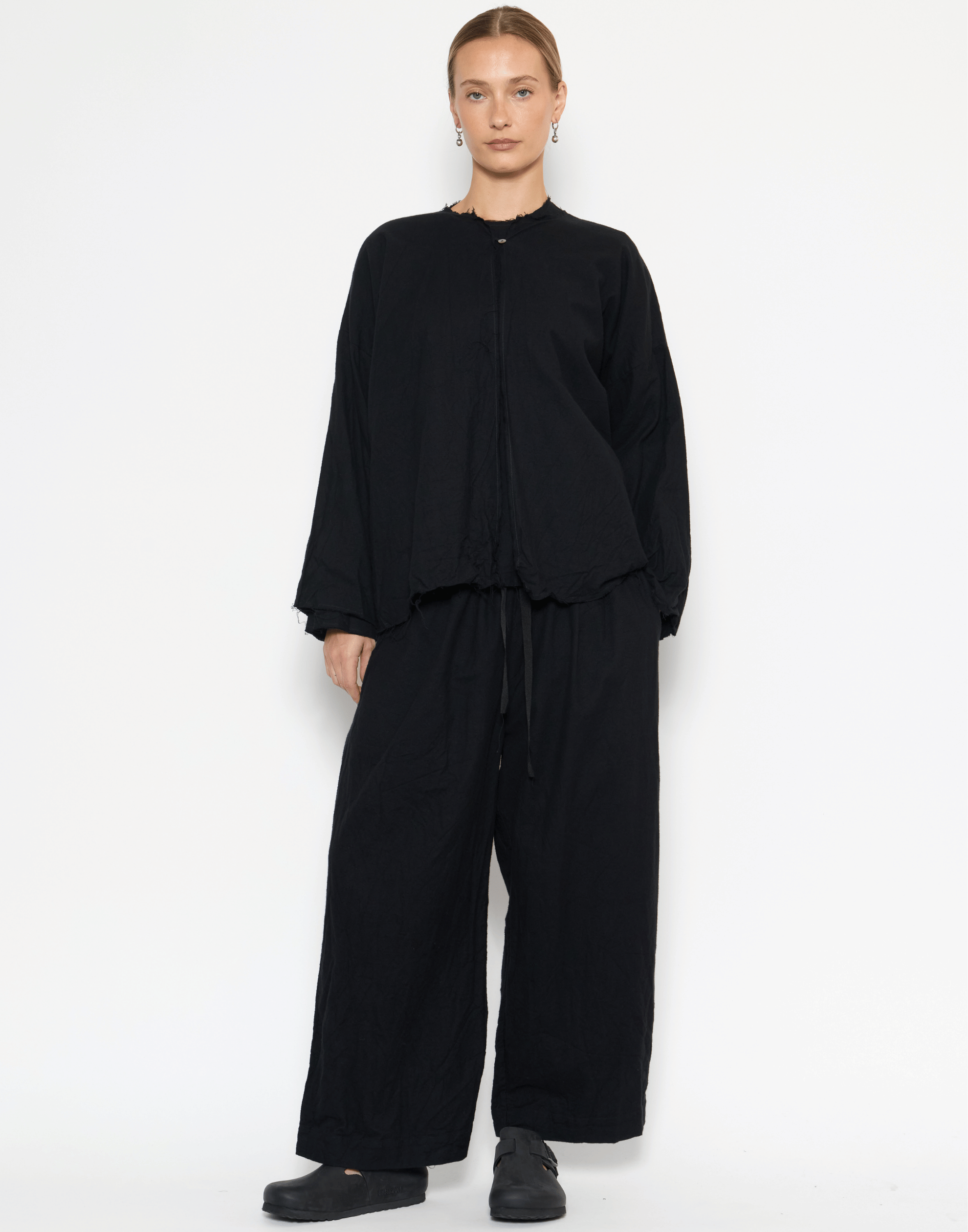 Black Cotton Flannel Open Front Top