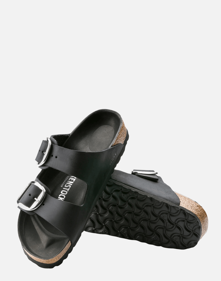 Regular Black Oiled Leather Big Buckle Arizona Sandals