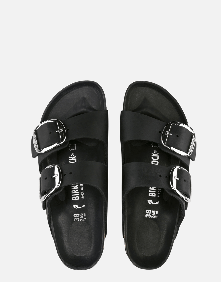 Regular Black Oiled Leather Big Buckle Arizona Sandals